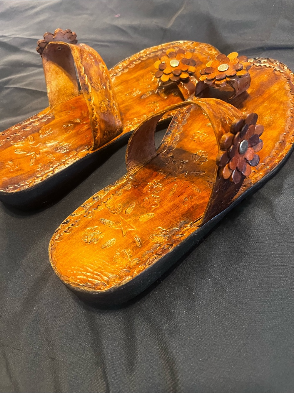 Handcrafted Floral Leather Slide Sandals - Tan